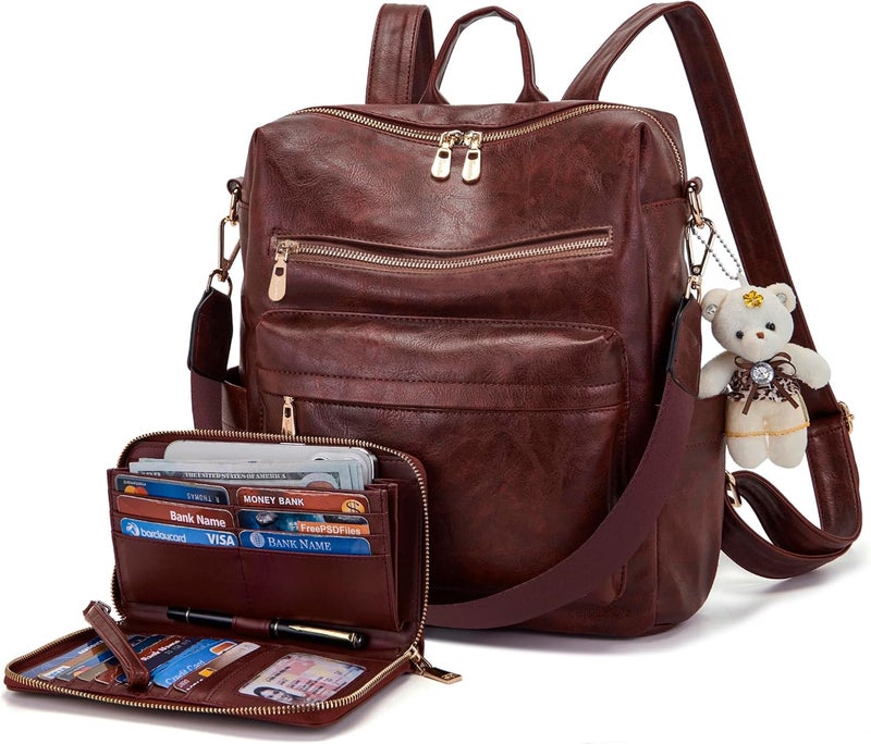 Soperwillton Women Backpack Purse Multipurpose Design Handbags Shoulder Bag PU Leather Travel bag Backpack Set 2pcs - Image 1